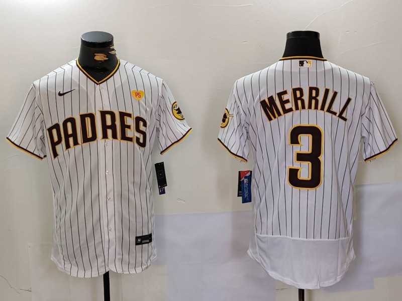 Mens San Diego Padres #3 Jackson Merrill White With PS Patch Stitched Flex Base Jersey